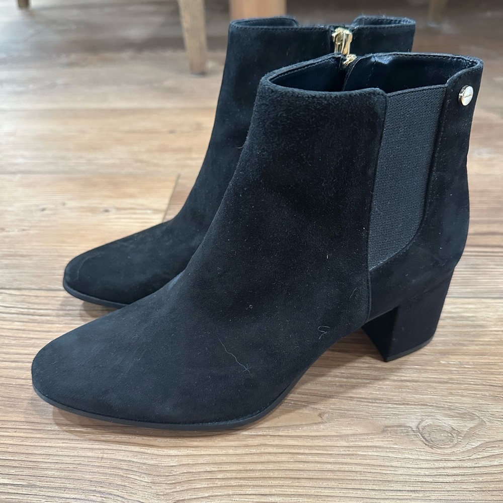 Calvin Klein Black Gold Hardware Suede Ankle Boots